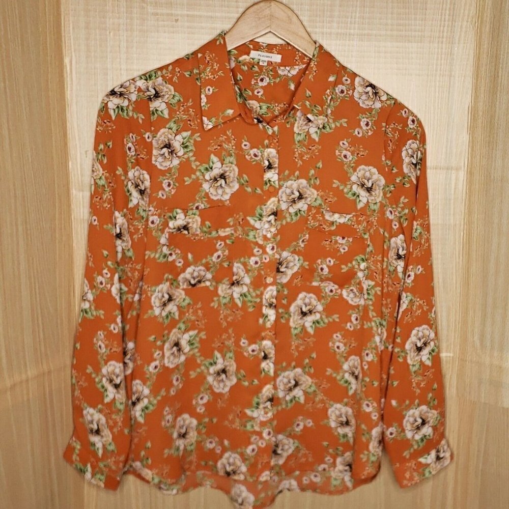 Pleione Women’s Orange Floral Long Sleeve Blouse Medium